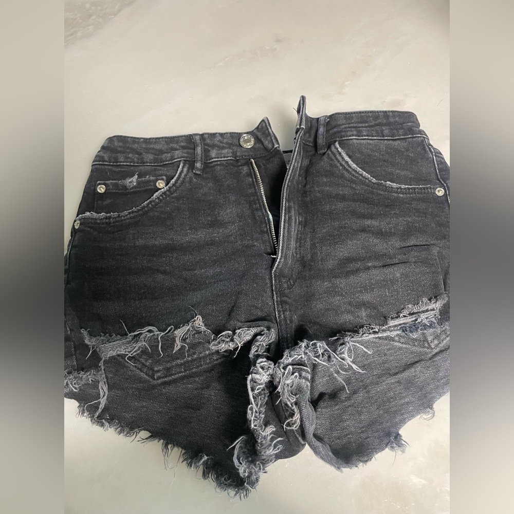Zara frayed hem high waist black denim shorts